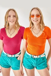 Women's Fuchsia-Orange V-Neck Short Sleeve 2-Pack Suit Blouse