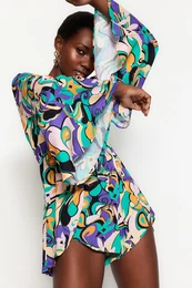 Abstract Pattern Woven Stripe Accessorized Blouse, Short Set