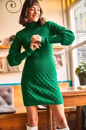 Women's Grass Green Sleeve and Skirt Textured Knitwear Dress