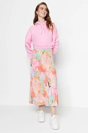 Multi-Colored Floral Patterned Pleated, Elastic Waist Woven Skirt