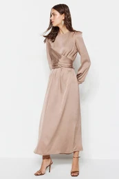 Beige Cross-Lace Detailed Satin Evening Dress