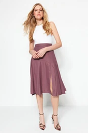 Plum Midi Woven Skirt with a Slit Detailed