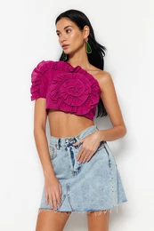 Fuchsia Crop Weave Ruffled One-Shoulder 100% Cotton Blouse