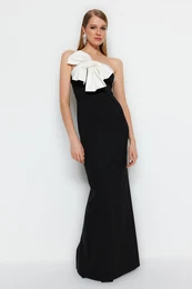 Black and White Lined Woven Long Evening Evening Dress