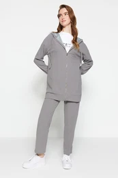 Gray Oversize Zippered Hooded Cardigan Knitted Tracksuit