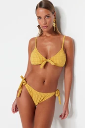 Mustard Gingham Textured Tie-Up Textured Normal Leg Bikini Bottom