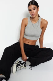 Gray Melange Super Crop Barbell Neck Ribbed Elastic Knitted Undershirt