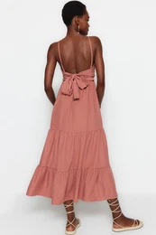 Dusty Rose Skirt Flounced Back Tie Detail Strap Maxi Woven Dress