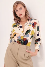 Women's Cream Patterned Long Sleeve Shirt