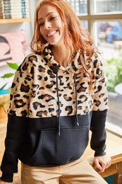Women's Black Leopard Fleece Leopard Detail Fleece Thick Sweatshirt