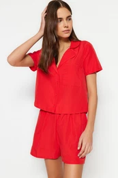 Dark Red Terrycotton Shirt-Shorts Woven Pajamas Set
