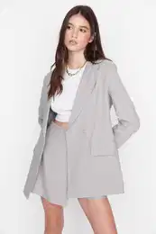 Gray Regular Lined Buttoned Woven Blazer Jacket