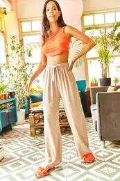 Women's Milk Brown Belted Woven Viscon Palazzo Trousers