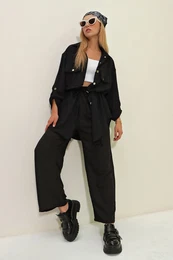 Trend Alaat Stili Women's Dark Black Safari Jacket with Two Pockets, Elastic Waist Wide Leg Aerobin Pants Suit
