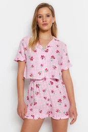 Pink Floral Frilled Viscose Shorts Woven Pajama Set