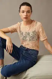 Crew Neck Short Sleeve Lace Blouse