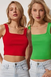 Happiness stanbul Women's Red Green 2 Pieces Summer Tricot Crop Blouse