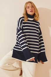 Srea Istanbul enska mornarica Modra Bela Turtleneck trak Prevelik pulover za pletenine