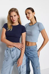 Blue Stripe-Navy Blue Plain 2-Pack Fitted Crop Corduroy Knit Blouse