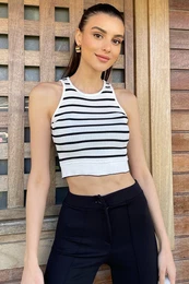 Trend Alaat Stili Women's White Black Crew Neck Striped Halter Knitwear Blouse