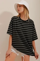 Trend Alaat Stili dmsk ern pruhovan oversized triko s kulatm vstihem