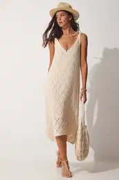 Happiness stanbul Women's Cream Strap V-Neck Openwork Summer Knitwear Dress