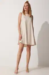 Happiness stanbul Women's Cream Summer Woven Bell Dress
