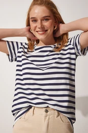 Women's Navy Blue White Crew Neck Comfortable Striped Tshirt