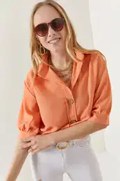 Women's Salmon Wooden Button Three Quarter Sleeve Linen Shirt