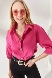 Women's Flamed Fuchsia Wooden Buttoned Three Quarter Sleeve Linen Shirt