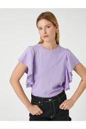 Flounced Sleeves T-Shirt Crew Neck Cotton
