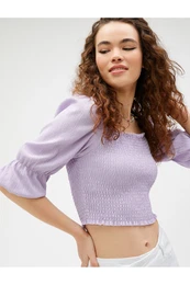 Crop T-Shirt Gimped Balloon Sleeve Square Neck