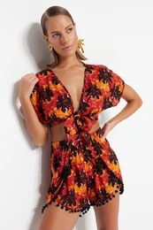 Tropical Patterned Woven Stripe Accessory Blouse Short Set