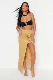 Camel Maxi Knitted Skirt With Tassels