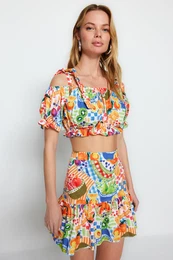 Fruit Patterned Woven Ruffle Blouse and Skirt Set