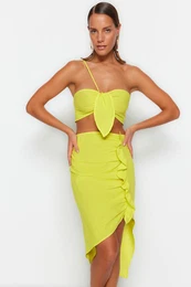Oil Green Weave Pleated One-Shoulder 100% Cotton Blouse and Skirt Set