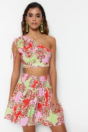 Paisley Patterned Woven Pleated One-Shoulder Blouse and Skirt Set