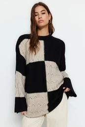 Black Openwork/Perforated Color Block Knit Knitwear Sweater