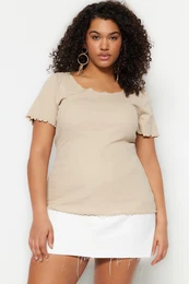 Curve Stone Ribbed Pool Collar Knitted Plus Size Blouse