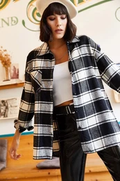 Women's Black and White One Pocket Thick Plaid Lumberjack Shirt