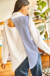 Women's Blue White Back Cut Out Detail Sambre Oversize Shirt