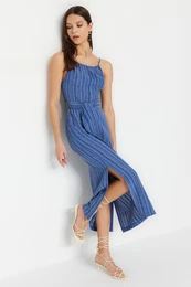 Indigo Belted Straight Cut Slit Detailed Midi Woven Dress