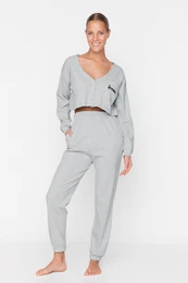 Gray Ribbed Cotton Embroidery Knitted Pajamas Set