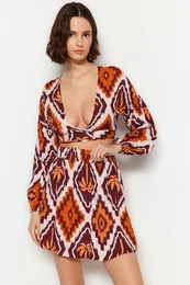 Tropical Patterned Woven Tied Blouse Skirt Set