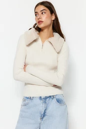 Ecru Polo Neck Faux Fr Detailed Knitwear Sweater