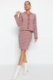 Dusty Rose Knit Detailed Soft Texture Cardigan-Skirt Knitwear Bottom-Top Set