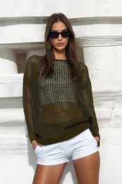 Khaki Super Wide Fit Cotton Openwork/Perforated Knitwear Sweater