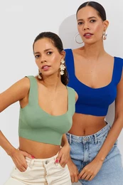 Women's Mint-Sax Double Knitwear Crop Singlet YV134