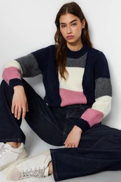 Navy Blue Soft Textured Color Block Crew Neck Knitwear Sweater