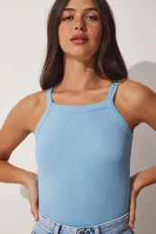 Happiness stanbul Women's Sky Blue Ribbed Crop Barbell Neck Knitted Undershirt